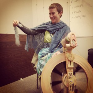 me, teaching longdraw while the shawl keeps me toasty. Also, wearing the apron Bernadette made me! I'm so lucky!