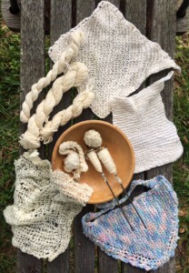 Samples of Caroline's cotton spinning projects