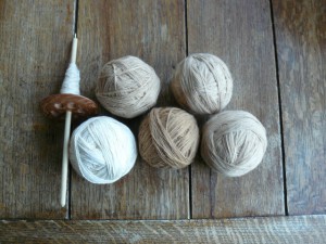 Plying balls of various cotton yarns ready to ply. Notice double strands on the balls. It is critical to wind the singles together onto the balls with even tension, removing any pigtails or tangles as you wind. Uneven tension between the two singles will result in poor plied yarn. 